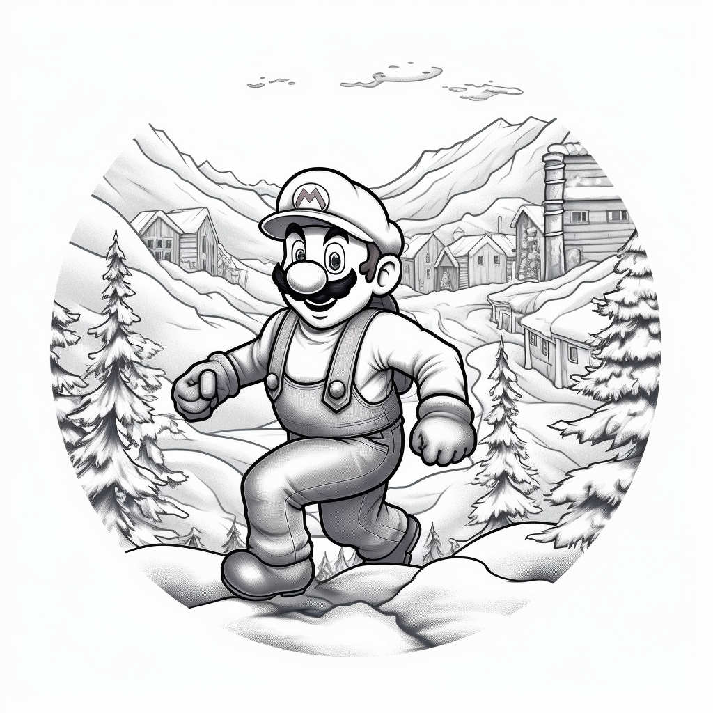 Delrond coloring page on white background with Mario in a snow 37569ab0 3d62 4547 9f7e 11c3492c877e