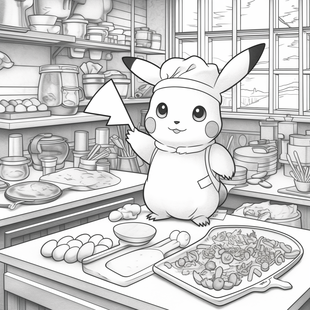 Pikachu dressed up as a chef, cooking up a storm in a bustling kitchen