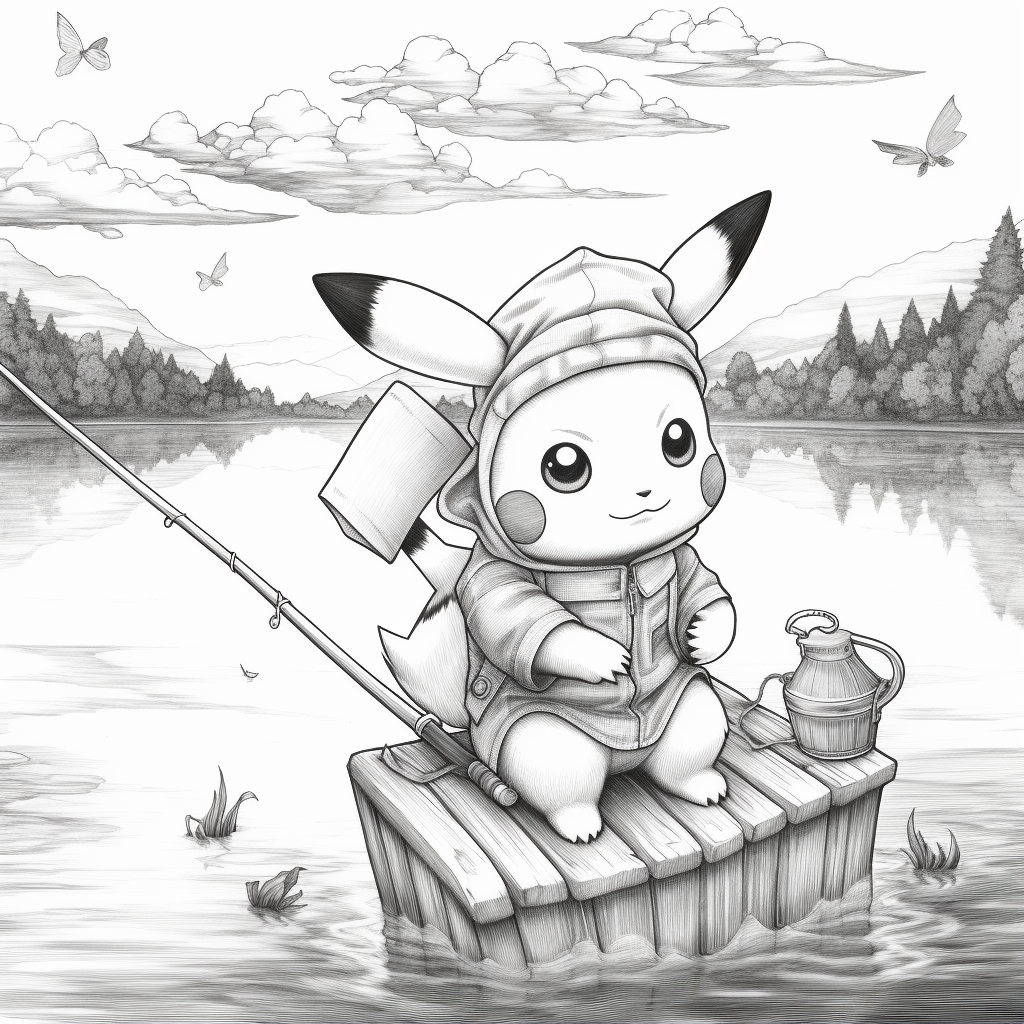 Pikachu fishing on a lake