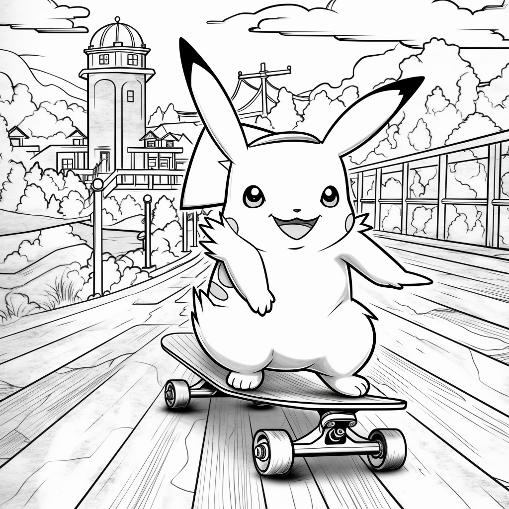 Pikachu skateboarding in town