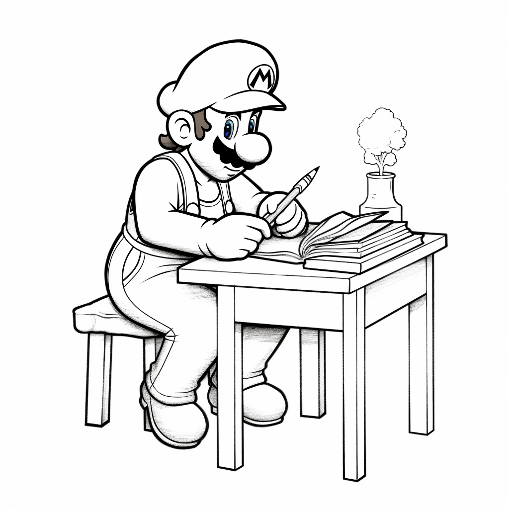 Super mario sat on his desk studying