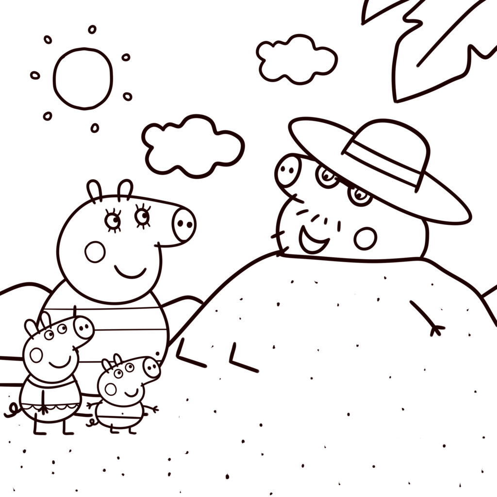 peppa pig family at the beach coloring page