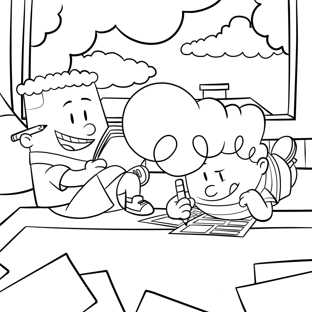 George and Harold deep in their treehouse, sketching their next outrageous comic